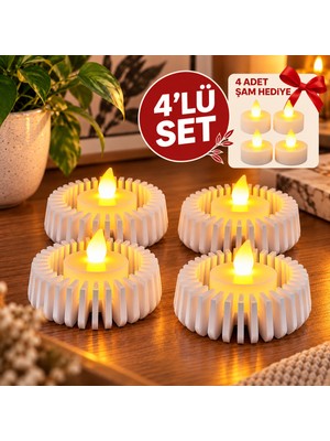 Piyatech 4’lü Modern Dekoratif LED Mumluk Seti – 3D Baskı Yuvarlak Tasarım, 4 Adet Pilli LED Mum Hediyeli, Beyaz