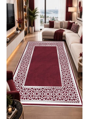 STY Home Bordo Dijital Baskı Salon Halısı Kaymaz Tabanlı Yıkanabilir Halı Yolluk 1142