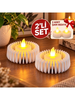 Piyatech 2’li Modern Dekoratif LED Mumluk Seti – 3D Baskı Yuvarlak Tasarım, 2 Adet Pilli Mum Hediyeli, Beyaz