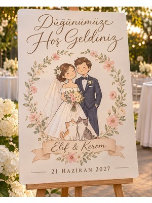 Evlilik Sepetim Çizim Portreli Düğün Karşılama Panosu - Evcil Dostlu, Kişiye Özel Mdf