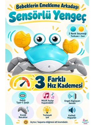 Brother Toys Emeklemeye ve Yürümeye Yardımcı Şarjlı Çarpma Sensörlü Sağa ve Sola Hareket Eden Oyuncak Yengeç Type-C Usb-Şarjlı