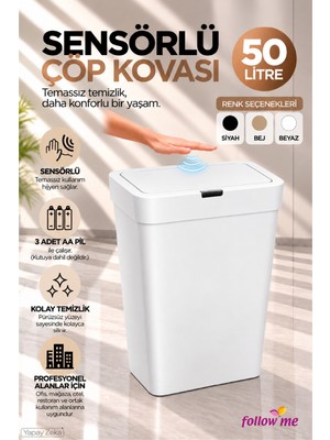 Follow Me Sensörlü Çöp Kovası 50LT Beyaz -FM414705beyaz