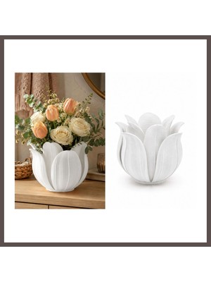 Bezos 3D Baskı Lotus Yapraklı Vazo - Dekoratif Çiçeklik-Beyaz ECO123