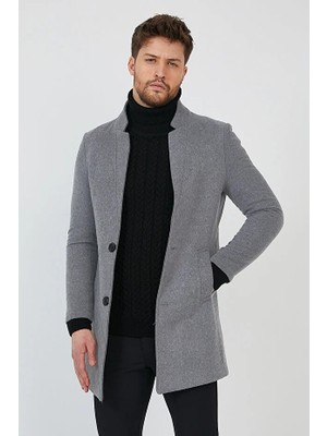 Modamesto Erkek Füme Kaşe Kaban Slim Fit Dik Yaka Kışlık Kaban Palto