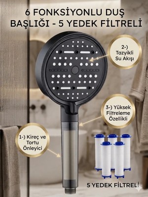 Ahlez Nova Filtreli Duş Başlığı ve 5 Yedek Filtre | Su Arıtmalı, Klor ve Kireç Önleyici