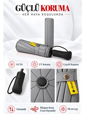 bliss umbrella Ergonomik Saplı 10 Telli Otomatik Şemsiye Gri