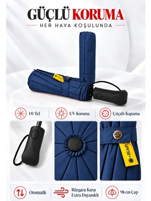 bliss umbrella Ergonomik Saplı 10 Telli Otomatik Şemsiye Lacivert