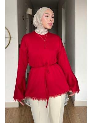 Tesettür Diyarı Drem Modal Kumaş Dantelli Tunik- Kırmızı