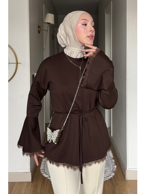 Tesettür Diyarı Drem Modal Kumaş Dantelli Tunik- Kahverengi