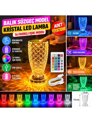 Sepetopia Balık Süzgeç Model USB Şarjlı Kumandalı 16FARKLI Işık Modlu Masa Üstü Kristal Akrilik LED