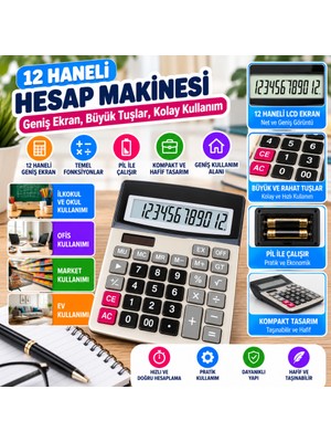 sbodurhome 12 Haneli Geniş LCD Ekran, Pilli Büyük Düğmeli Hesap Makinesi (Adet Fiyatıdır)