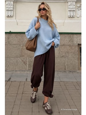 Madmext Bebe Mavisi Bisiklet Yaka Oversize Uzun Kadın Triko Kazak MG2890