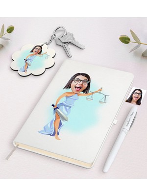 BK Gift Kişiye Özel Kadın Avukat Karikatürlü Beyaz Defter Kalem ve Anahtarlık Hediye Seti-2