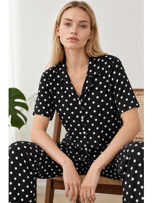 Eser Butik Kadın Desenli Siyah Kısa Kollu Pijama Takımı 4813