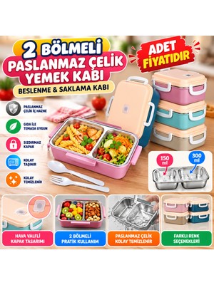 Gees Global 2 Bölmeli 150-300 ml Paslanmaz Çelik Yemek Kabı Beslenme Kabı Yiyecek Saklama Kabı - 1 Adet Sto