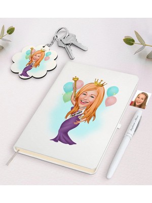 BK Gift Kişiye Özel Dünya Güzeli Karikatürlü Beyaz Defter Kalem ve Anahtarlık Hediye Seti