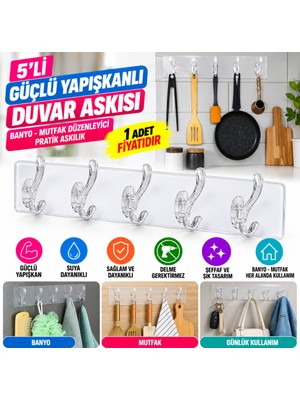 Gees Global 5'li Güçlü Yapışkanlı Şeffaf Duvar Askısı Banyo Mutfak Düzenleyici Pratik Askılık (Adet