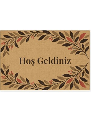 Hoş Geldiniz Yazılı Yaprak Desenli Kapı Paspası, Kaymaz Kauçuk Taban, Makinede Yıkanabilir, D