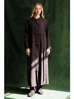 Micca Premium Doğal Akıcı Kumaştan Asimetrik Allerli  Maxi Kap-Kahve