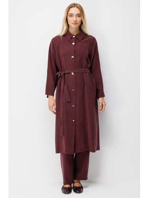 Micca Premium Doğal ve Akıcı Kumaştan Reglan Kollu Düğmeli Midi Trenç-Bordo