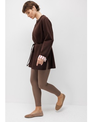 Micca Linea Çizgili Garnili Kuşaklı Tunik Sweat-Kahve