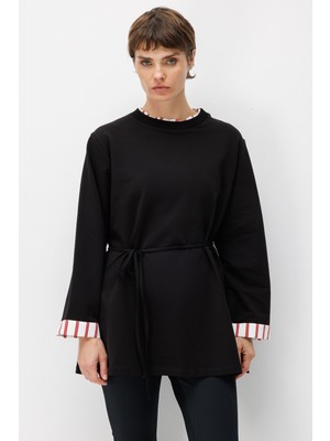 Micca Linea Çizgili Garnili Kuşaklı Tunik Sweat-Siyah