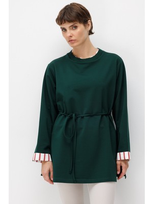 Micca Linea Çizgili Garnili Kuşaklı Tunik Sweat-Zümrüt