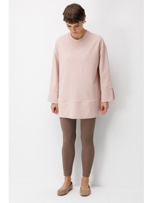 Micca Örme Kol ve Yırtmaç Detaylı Tunik Sweatshirt-Pudra