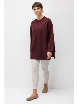 Micca Örme Kol ve Yırtmaç Detaylı Tunik Sweatshirt-Bordo