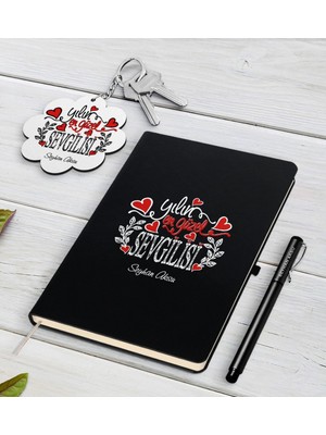 BK Gift Kişiye Özel Yılın En Güzel Sevgilisi Siyah Defter Kalem ve Anahtarlık Hediye Seti