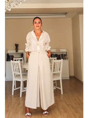Kemik Rengi Dökümlü Pantolon Etek