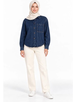 Stilegom Kadın Oversize Tesettür Kot Gömlek Cepli Uzun Kollu %100 Pamuk Koyu Mavi Denim Gömlek