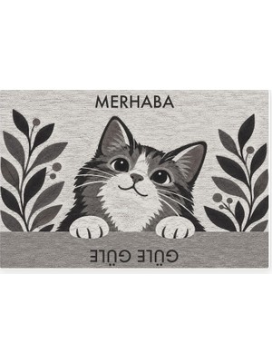 Die Grup Merhaba Güle Güle Kedili Kapı Paspası, Kaymaz Kauçuk Taban, Makinede Yıkanabilir, Dijital Baskılı Kapı Önü ve Antre Paspası, Antrasit, 60X90 cm