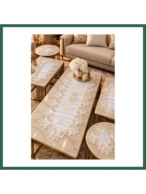 Vintessy Vıntessy 5 Parça Dantelli Salon Takımı Keten Runner Sehpa Örtüsü Vitrin ve Konsol Seti BZS01