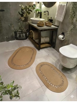 4'lü Jüt Banyo Paspas Takımı ve Sepet - Kaymaz Taban, Süper Emici, Makinede Yıkanabilir, Doğa