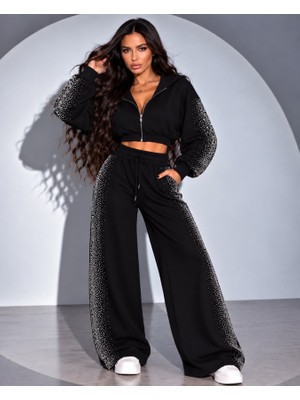 Marsilyan Kadın Taş Baskı Detaylı Fermuarlı Crop Sweatshirt ve Geniş Paça Eşofman Takımı
