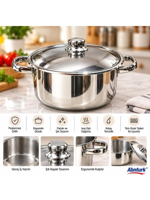 Abnturk 24CM Paslanmaz Çelik 18/10 Cr.ni  Kapaklı Derin Yemek Tenceresi-Çelik Kulplu Kaliteli Şık Dayanıklı Tencere 24X12CM