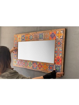 Oscar Stone Decor Masif Çerçeveli Mozaik Taş Ayna 55X105 cm Tile Mozaik Seramik Morocco Desenli A