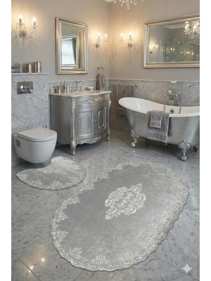 Milas Kaymaz Taban, Kadife Dantel Detaylı 2'li Süper Lüks Oval Banyo Paspası Seti, Gri, 60X100 C