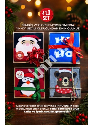Inno Yılbaşı Desenli Kraft Kutulu Çorap 4'lü Set (Birebir Desen)