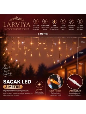 Larviya 3 Metre Dış Mekan Saçak LED 100 Ledli Günışığı (Beyaz Flaşlı) (70X50X30CM)