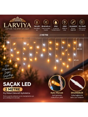 Larviya 2 Metre 144 Ledli Saçak LED 80X60X40CM Gün Işığı (Beyaz Flaşlı)