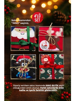 Inno Yılbaşı Desenli Kraft Kutulu Çorap 4'lü Set (Birebir Desen)