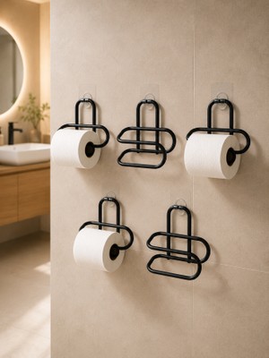 MiraLive Siyah Metal Tuvalet Kağıdı Tutucu 5’li Set Yapışkanlı Duvar Tipi Banyo Wc Askısı