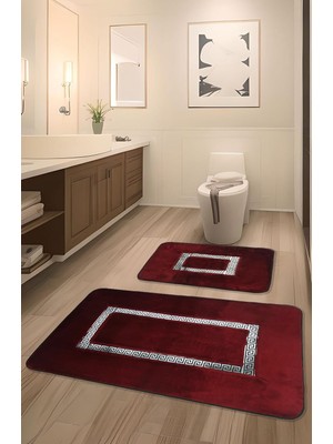 Odea Meram Kaymaz Taban,emici 2'li Ultra Lüks Deri Detaylı Banyo Paspası Seti (Kırmızı-Gümüş)