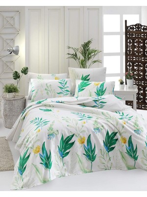 Odea %100 Pamuk Yaprak Temalı Yatak Örtüsü (Pike) Set, Tam/çift Kişilik, Yeşil Beyaz, (4 Parça)