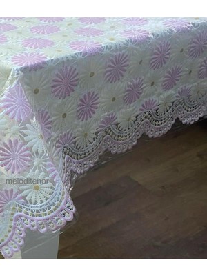 Odea Şeffaf Kaplama Dantel Işleme Motifli Papatya Desen Kaymaz Kolay Silinebilir Pvc Muşamba Masa Örtüsü (Pembe, 100 x 130)
