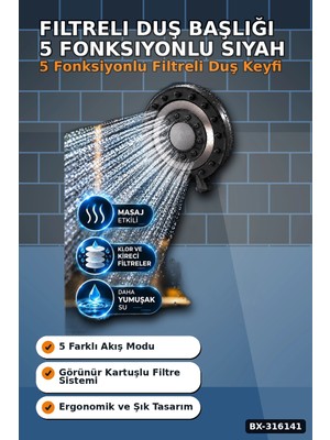 MiraLive Filtreli Duş Başlığı 5 Fonksiyonlu Masaj Etkili Kireç Önleyici Banyo Başlığı Siyah BX-316141