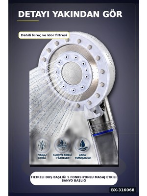 MiraLive Filtreli Duş Başlığı 5 Fonksiyonlu Masaj Etkili Banyo Başlığı, Klor Kireç Filtreleme BX-316068