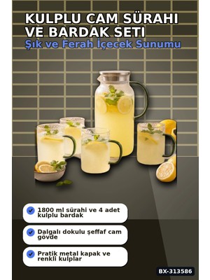 MiraLive Kulplu 1800 ml Cam Sürahi ve 350 ml 4 Bardak Seti - 5 Parça Şeffaf BX-313586
